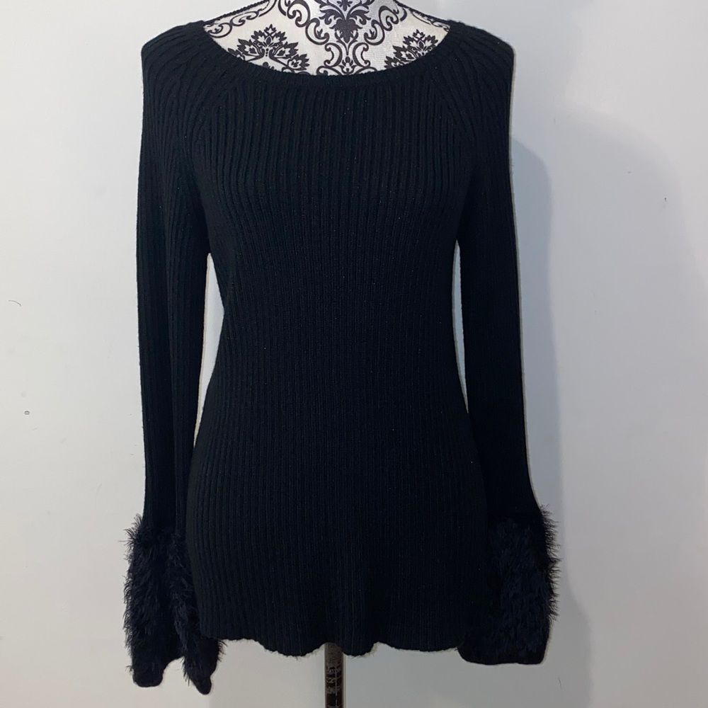 Worthington Black Sparkled Long Sleeve Ribbed Sweater Faux Fur Trim Size XXL